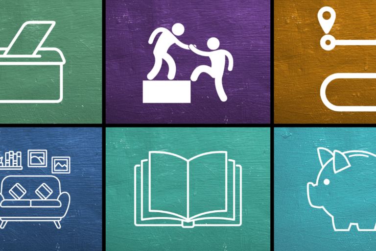 Weiße Symbole vor farbigen Hintergründen: eine Wahlurne, eine Wohnung, zwei Menschen, bei denen einer der anderen Person auf eine Stufe hilft, ein Buch, ein Weg und ein Sparschwein