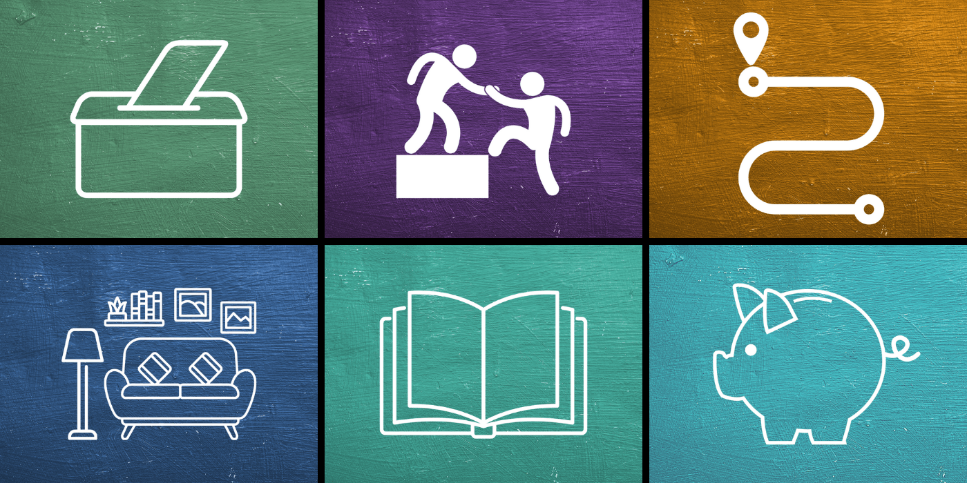 Weiße Symbole vor farbigen Hintergründen: eine Wahlurne, eine Wohnung, zwei Menschen, bei denen einer der anderen Person auf eine Stufe hilft, ein Buch, ein Weg und ein Sparschwein