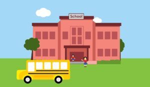 In der Mitte des Bildes ist ein Gebäude zu sehen mit dem Schriftzug "School" darüber und im Vordergrund ist ein Schulbus.