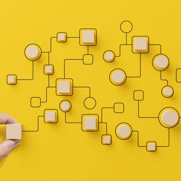Business process and workflow automation with flowchart. Hand holding wooden cube block arranging processing management on yellow background